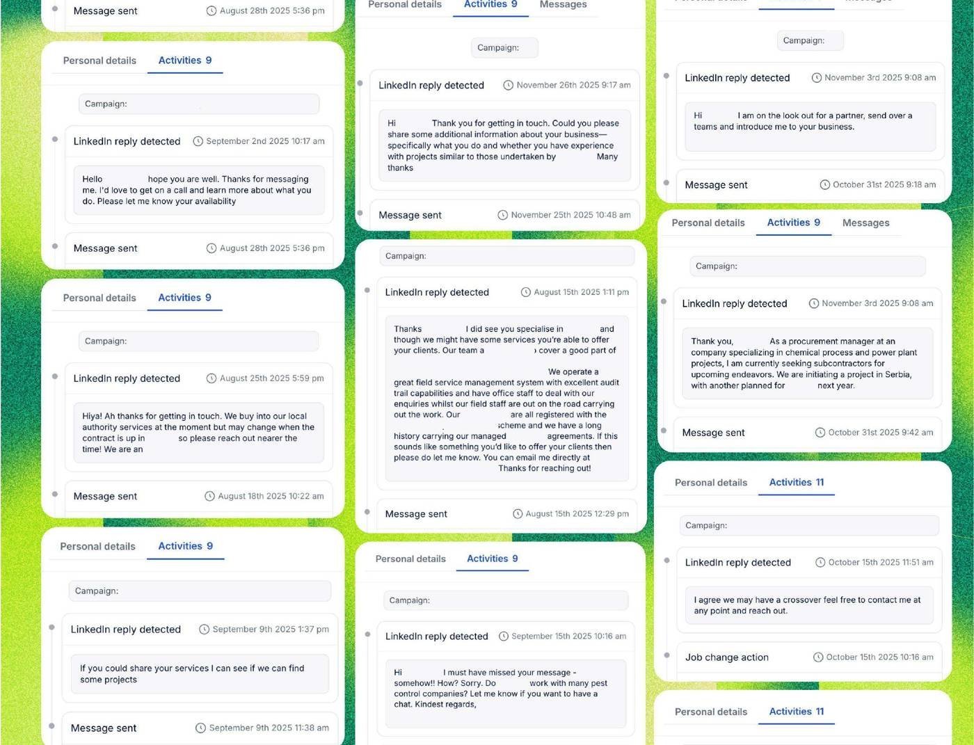 A collage of LinkedIn reply notifications from Zest+ Outreach campaigns, with names removed