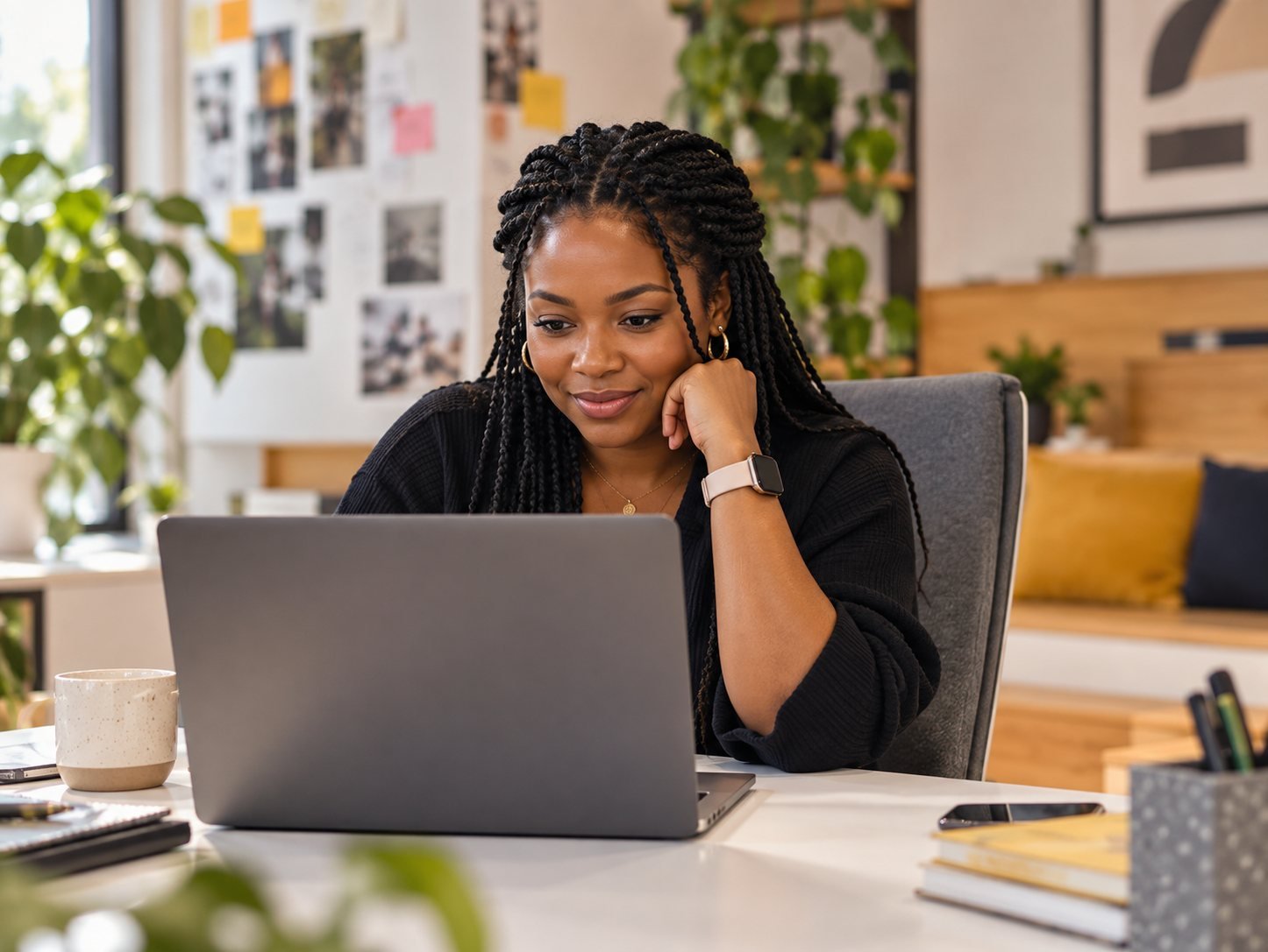 A smiling professional reading messages on her laptop