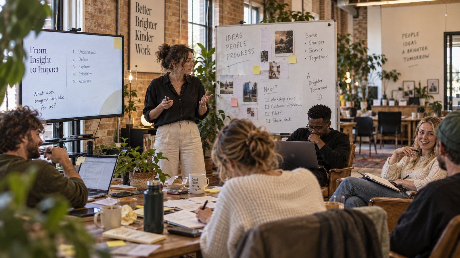 A team planning session around a table, with a presenter at the whiteboard